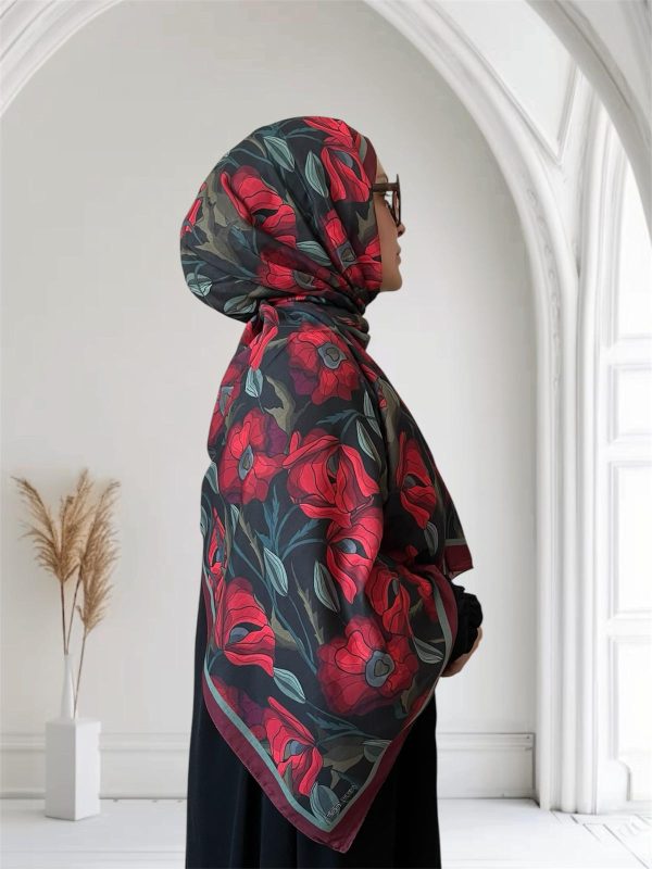 Gül Desen Siyah Kırmızı Soft Şal