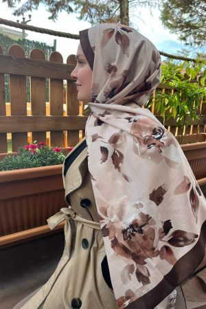 Gül Desen Kahverengi Soft Şal